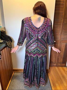 Black Multi-Color Beaded Long Sleeve Evening Dress